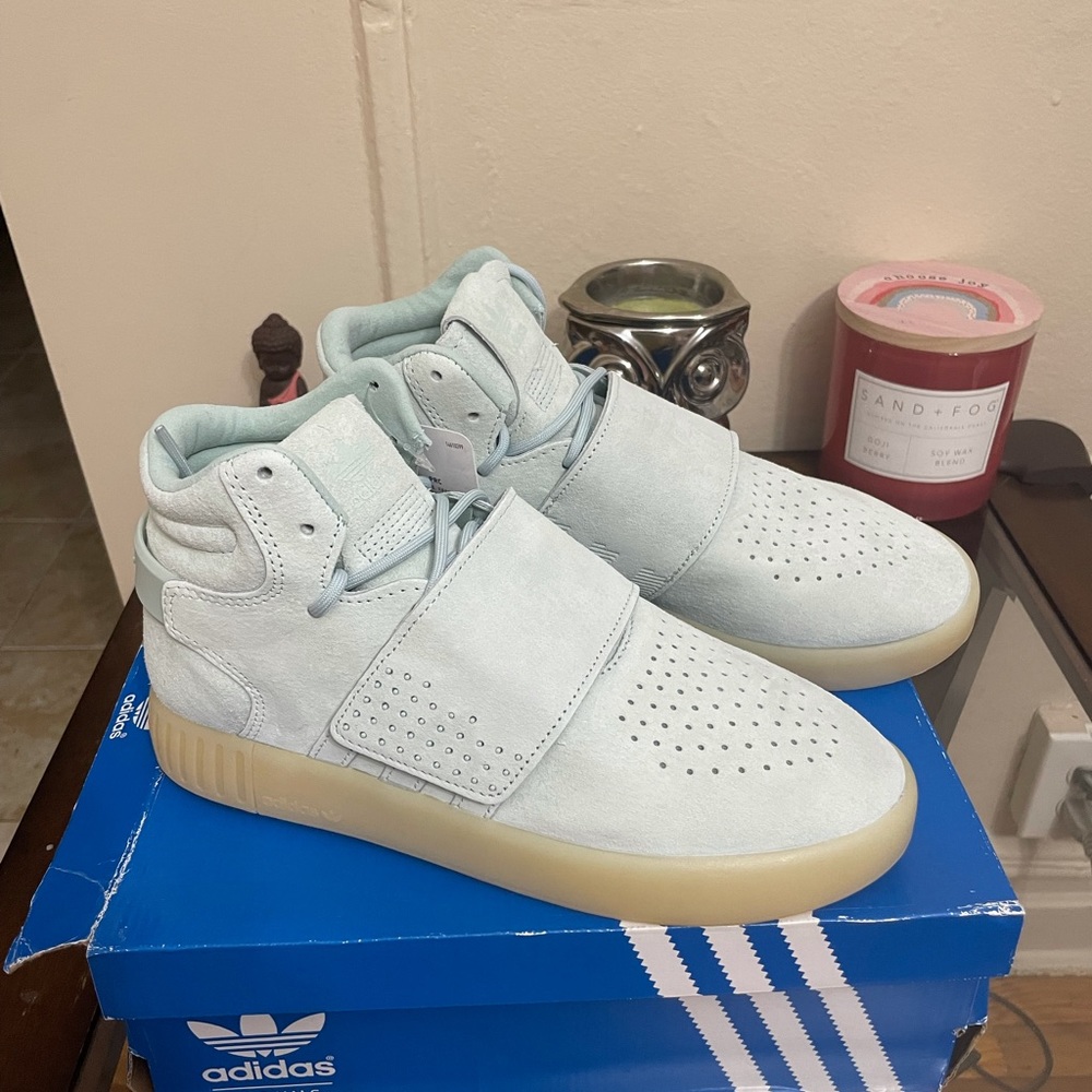 Mint green Adidas tribulation sneakers
